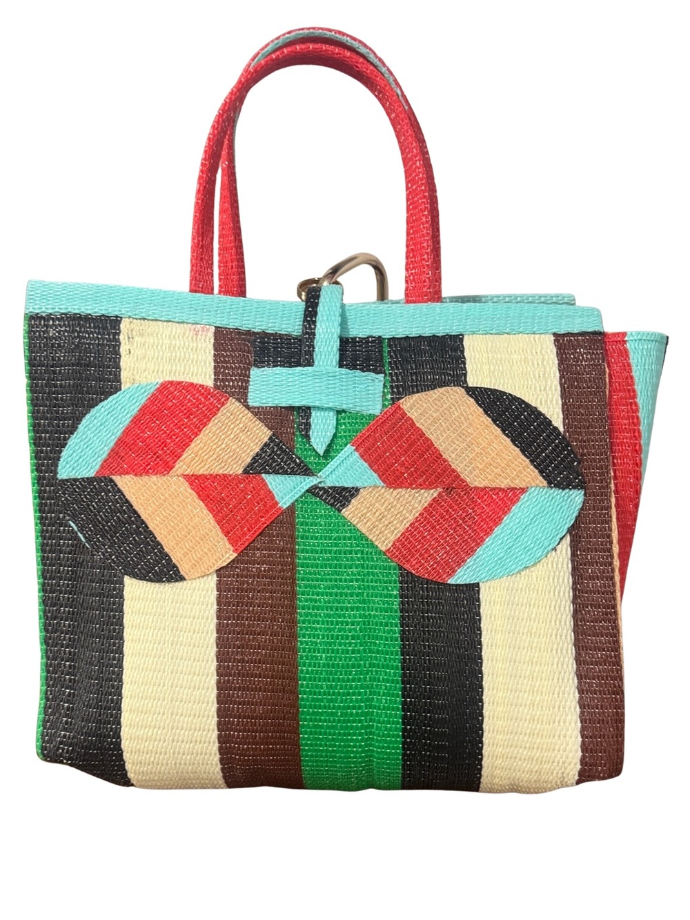 Striped Multicolor Leaf Accent Tote Bag - Red, Turquoise, Green